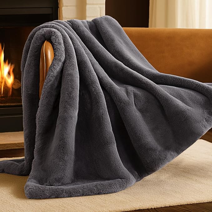 Bare Home Faux Fur Blanket - Ultra-Soft Luxurious - Cozy Warm Throw for Couch, Sofa, Chair, Bed - Fuzzy Fluffy Super Soft - Decorative Bed Blanket, 60x47 inches (Throw, Dark Grey)