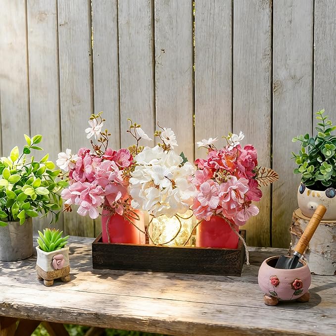 Donmills Mason Jar Lights Centerpiece Table Decor for Dining Room – Farmhouse Wood Tray with 3 Jars, Pink and White Flowers, Valentines Day & Wedding Decoration for Coffee Table, Kitchen, Living Room