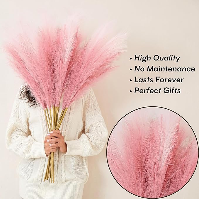 Pink Pampas Grass Decor, 9 PCS 37''/3.1FT Tall Fluffy Faux Pompas Floral, Large Artificial Pompous Grass Branches for Floor Vase Fillers, Boho Farmhouse Room Wedding Décor（Pink）