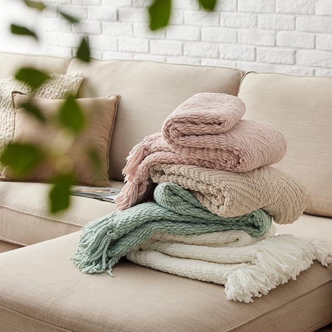 Bedsure Sage Green Throw Blanket for Couch ?Versatile Knit Woven Chenille Blanket for Chair, Super Soft, Warm & Decorative Blanket with Tassels for Bed, Sofa and Living Room (Sage Green, Throw)