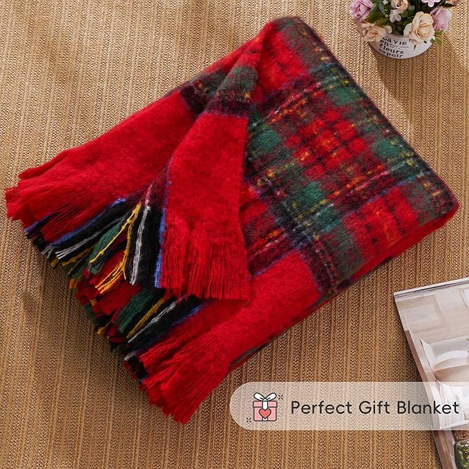 BATTILO Christmas Plaid Throw Blanket for Couch Bed, Mohair Red Tartan Plaid Blankets, Soft Cashmere Checkered Pattern, Red Christmas Throw Blankets for Home Decor (50"x60")