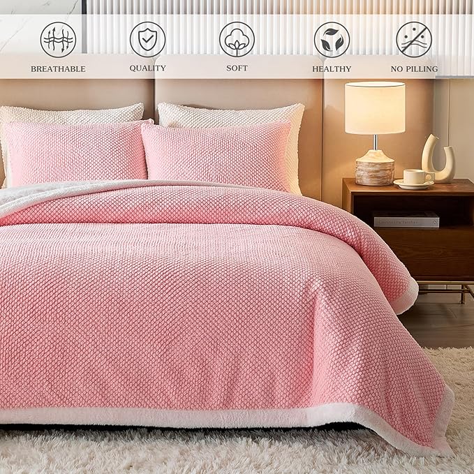 Luxury Flannel Fleece Sherpa Blankets King Size for Bed, Jacquard Boho 3-Layer Thick and Warm Blanket for Winter, Soft Cozy Fuzzy Plush Velvet Blanket with 2 Pillow Cases, Pink, 102x88 Inches