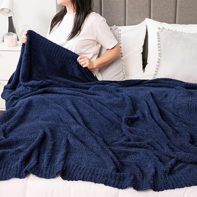 PAVILIA Super Soft Throw Blanket for Couch, Fluffy Cozy Lightweight Navy Blue Blanket, Large Fuzzy Warm Knit Blanket for Bed Sofa, Dark Blue, 60x80