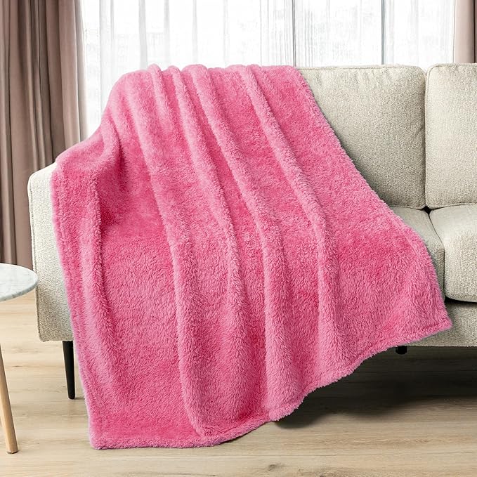 PAVILIA Sherpa Throw Blanket for Couch Sofa, Pink Fluffy Warm Plush Blanket for Bed, Cozy Super Soft Lightweight Throw, Fuzzy Decorative Blanket, All Season Home, 50x60