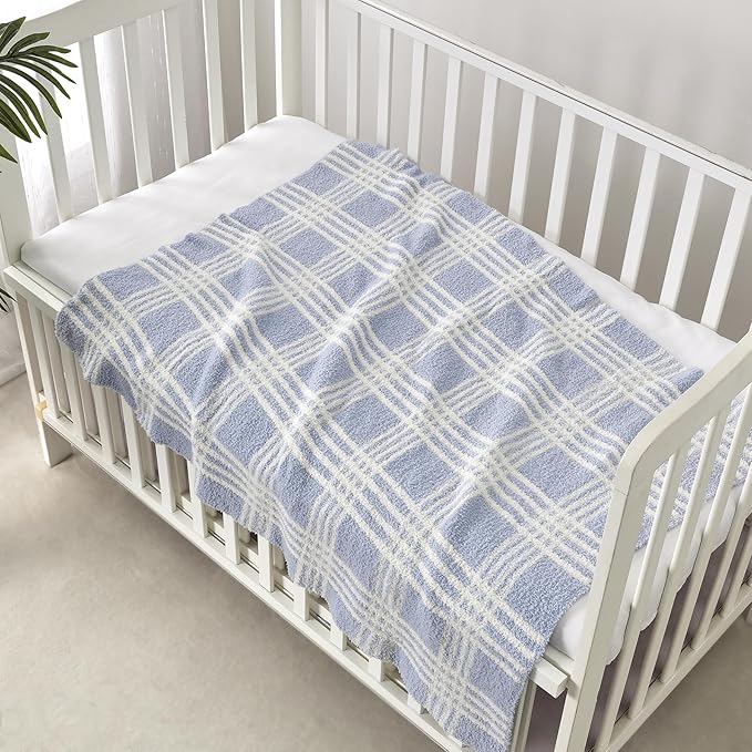 CREVENT 2Pcs 30''X40'' Cute Cozy Fluffy Warm Baby Blankets for Infants Toddlers' Bedding Crib Cot Stroller - Grey Cloud + Knit Line Blue