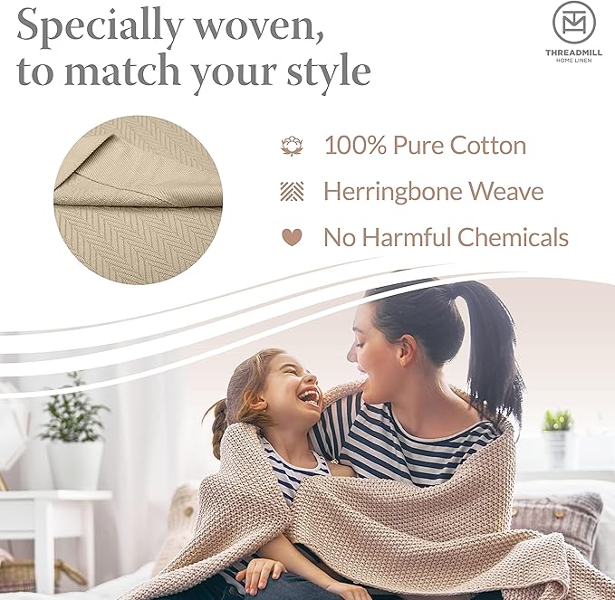 Threadmill Luxury Cotton Blankets for Queen Size Bed | All-Season 100% Cotton Queen Size Blanket | Herringbone Cozy, Soft Breathable Fall Thermal Blanket fits Full Size Bed, 90x92 | Beige