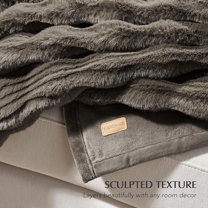 EVERGRACEHOME Ultra Soft Faux Fur Throw Blanket for Couch, Luxury Sculpted Texture Faux Rabbit Fur Blanket for Bed, Fluffy Thick Plush Warm Fuzzy Throw, 920GSM (Dark Taupe, 60''x80'')