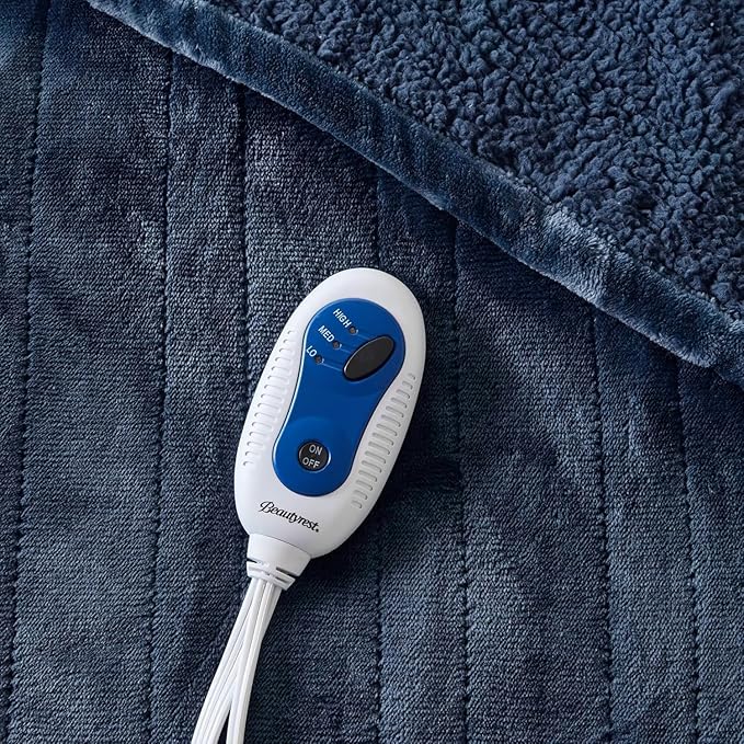 Beautyrest Heated Blanket, Electric Throw Blanket, Soft, Warm, Reversible Plush - Sherpa Heating Blanket Throw, 3 Heat Settings, 2 hr Auto Shut Off, Machine Washable, Oversized 60 in x 70 in, Indigo