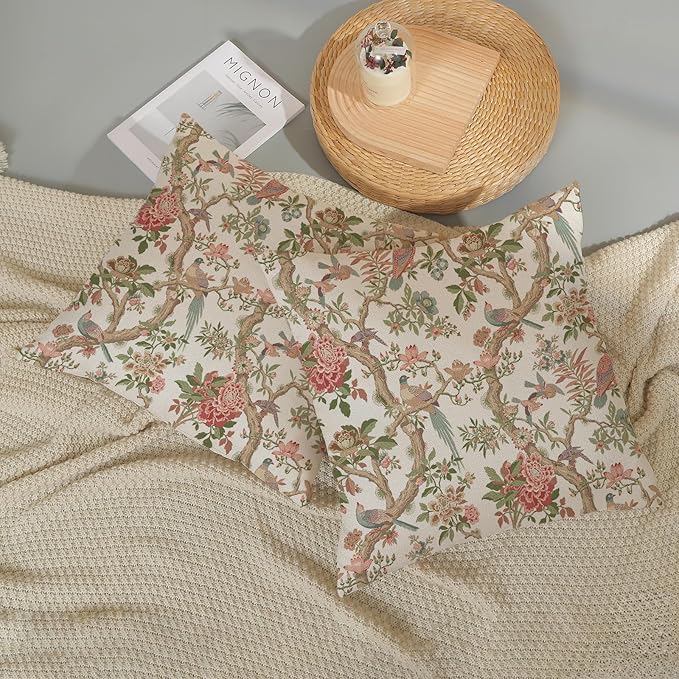 Chinoiserie Pillow Covers 16x16 Set of 2 Pink Green Bird Floral Throw Pillows Vintage Pink Flower Bird Decorative Pillow Cases Outdoor Chinoiserie Decor Farmhouse Cushion Case for Couch Sofa