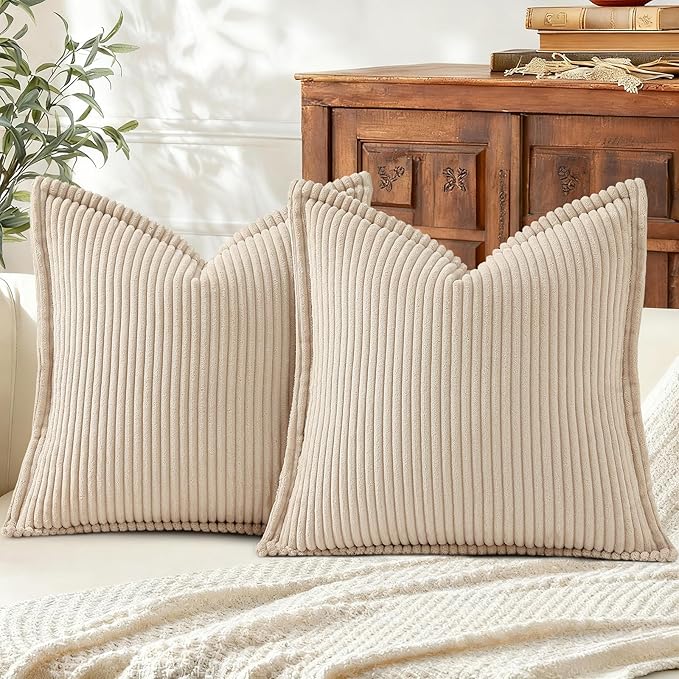 Mecatny Corduroy Throw Pillow Covers 18x18 Set of 2, Neutral Decorative Soft Boho Couch Pillow Covers with Broadside for Sofa Living Room, Beige