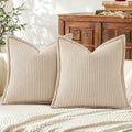 Mecatny Corduroy Throw Pillow Covers 16x16 Set of 2, Neutral Decorative Soft Boho Couch Pillow Covers with Broadside for Sofa Living Room, Beige
