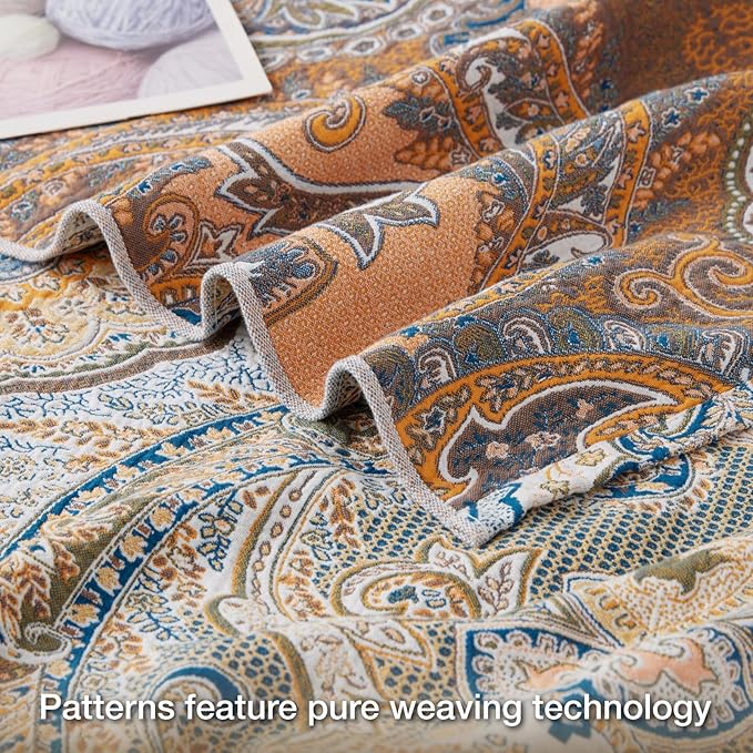 100% Cotton Boho Throw Blanket for Home Decor – Classic Farmhouse Quilt Bedding, Muslin Blankets for Adults, Vintage Woven Decorative Blanket for Couch, Bed Layering Use, Paisley Pattern, 104"x90"