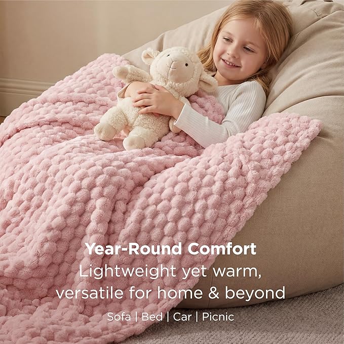 Bedsure Pink Throw Blanket for Couch - 350GSM Fluffy Plush Bubble Blanket for Bed Home Room Decor, GentleSoft Cute Fleece Soft Cozy Gifts for Women Girls, 50x60 Inches