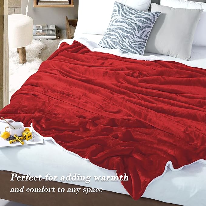 Mocassi Premium Ultra-Soft Flannel Fleece Sherpa Throw Blanket - Warm Cozy Reversible Plush Micromink Blanket for Couch, Bed and Sofa - Fluffy, Christmas Winter Bedding Gift, Twin XL, Red