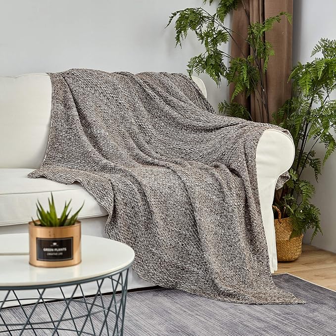 Longhui bedding Coffee Knitted Throw Blanket for Couch, Soft, Cozy Machine Washable 100% Cotton Sofa Knit Blankets, Heavy 3.0lb Weight, 51 x 63 Inches, Coffee and White Color.