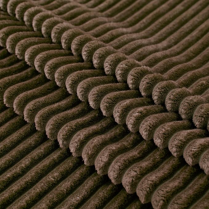 Vessia Flannel Fleece Throw Blanket, 300GSM Cozy Brown Stripe Throw for Couch, Sofa and Bed, Warm and Soft Chocolate Microfiber Ribbed Blanket for All Season
