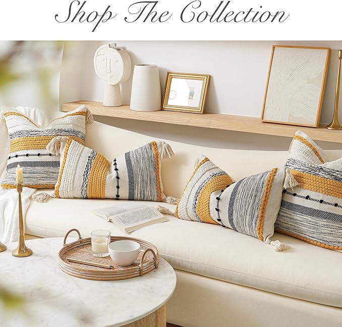 BlissBlush Yellow Mustard Decorative Throw Pillow Cover 18x18 Square Boho Accent Pillowcase Tassels Farmhouse Cushion for Couch Sofa Bedroom Living Room Home Décor Cover ONLY