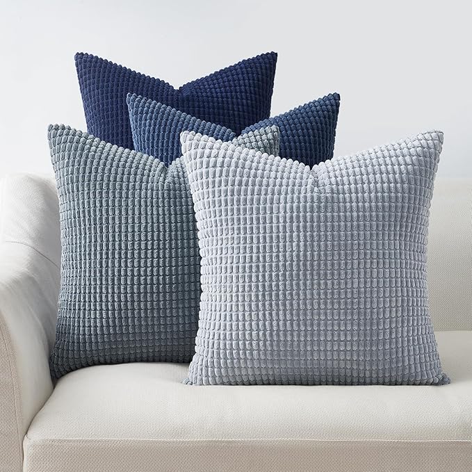 Topfinel 4 Packs Blue Decorative Throw Pillow Covers 16x16 Inch for Living Room Couch Bed Sofa, Boho Western Farmhouse Home Decor, Square Soft Moss Corduroy Fall Cushion Case 40x40 cm