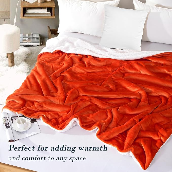Mocassi Premium Ultra-Soft Flannel Fleece Sherpa Throw Blanket - Warm Cozy Reversible Plush Micromink Blanket for Couch, Bed and Sofa - Fluffy, Christmas Winter Bedding Gift, Twin, Orange