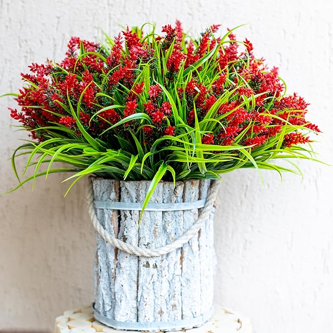 Artificial Flowers for Outdoors Plants - 20 Bundles Fake Lavender Plastic Faux Monkey Grass UV Resistant for Home Decorations (20, Red)