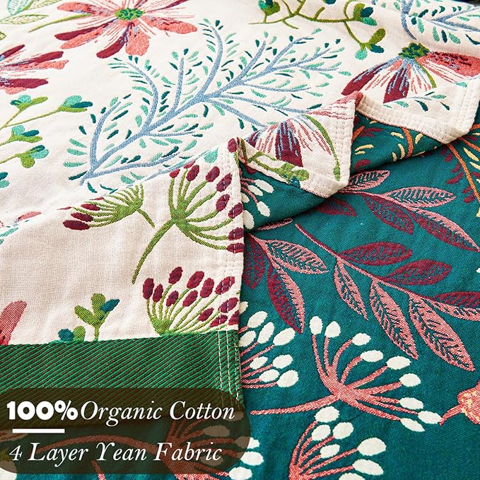 Boho Throw Blanket, 100% Organic Cotton Breathable Ultra Soft 80" x 90" Bed Quilt Throw - All Season Floral Rustic Farmhouse Decor Luxury Reversible Blanket for Sofa Couch Chair and Gift