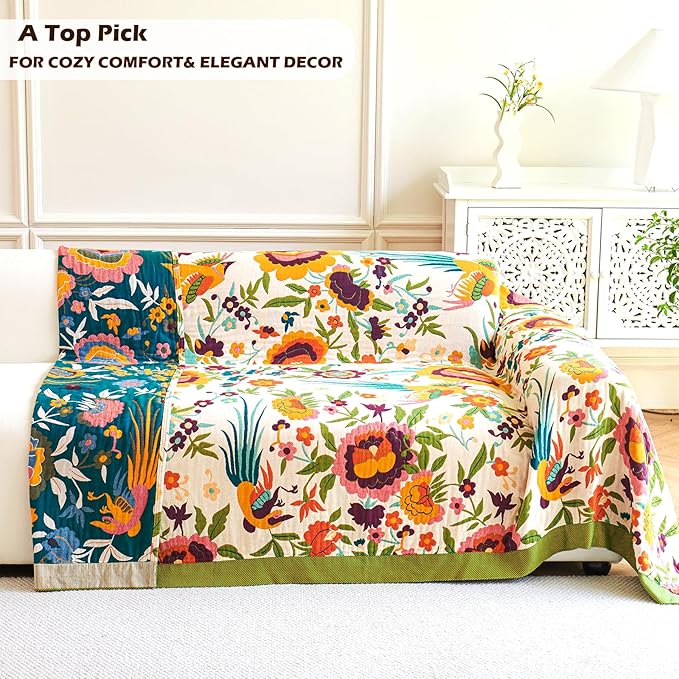 Boho Throw Blanket, 100% Organic Cotton Breathable Ultra Soft 91" x 108" King Bed Quilt Throw - All Season Floral Rustic Farmhouse Decor Luxury Blanket for Sofa Couch Chair and Gift