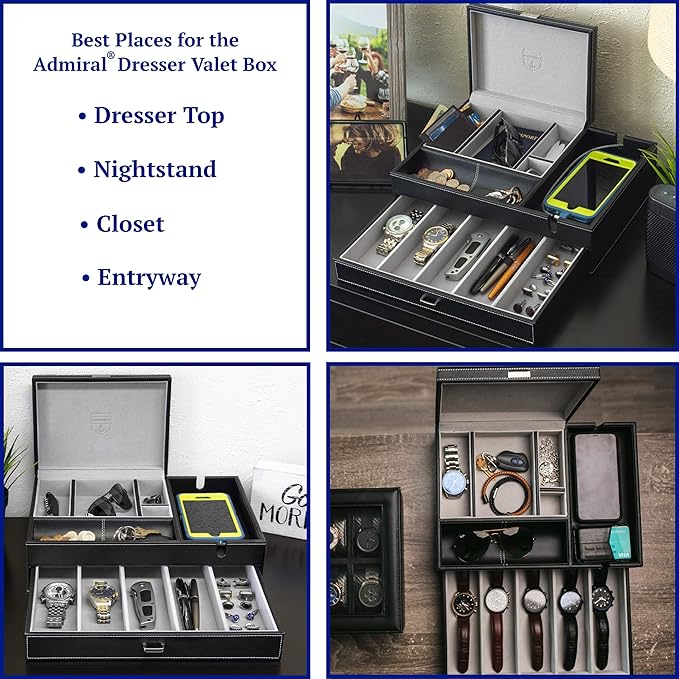 HOUNDSBAY Admiral Dresser Valet Box & Mens Jewelry Box Organizer with Large Smartphone Charging Station (Grey)