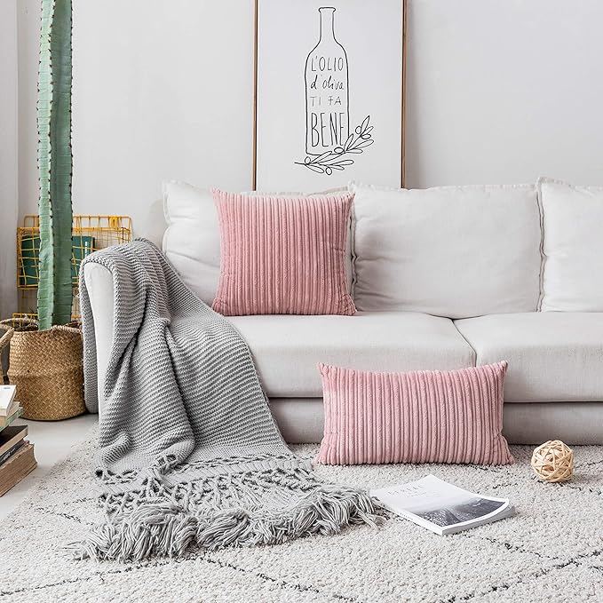 UGASA 14x20 Inch Pillow Cover Pack of 1 Soft Boho Stripe Corduroy Long Rectangular Lumbar Cushion Cover Farmhouse Decorative Throw Pillowcase for Bed, Couch, Sofa, Bedroom, Living Room, Baby Pink