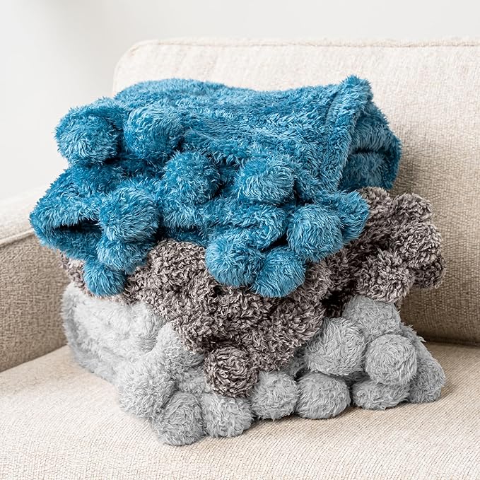 Pavilia Light Grey Sherpa Throw - Twin, Fuzzy Couch Throw with Pom Poms, Soft Fluffy Cozy Blanket - Lightweight, 60x80