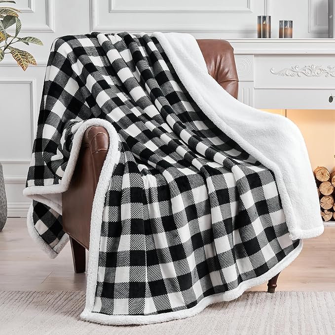 BEDELITE Sherpa Fleece Blanket - Black and White Buffalo Plaid Christmas Blanket, Super Soft Cozy Warm Thick Winter Throw Blankets for Couch and Bed, 60" x 80"