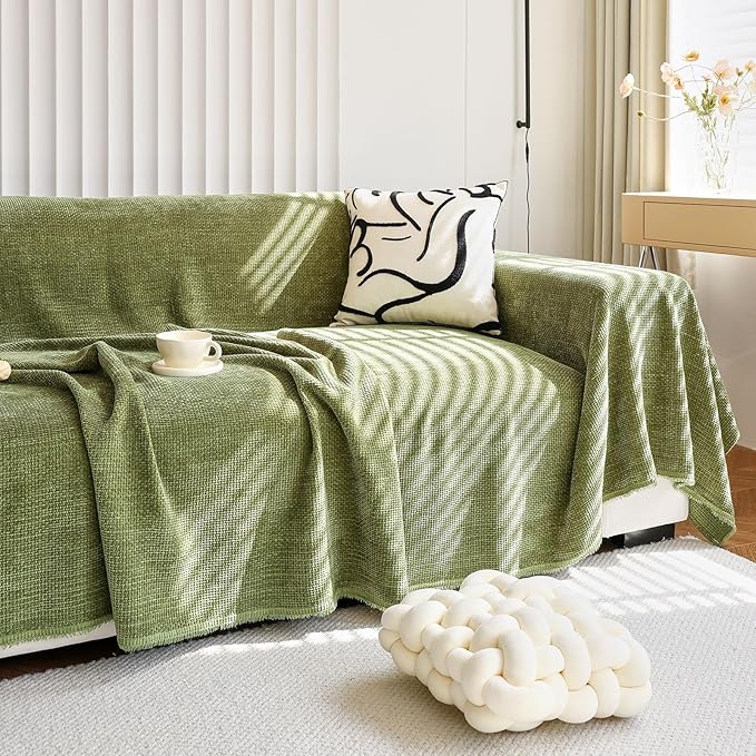 HANDONTIME Dark Green Couch Cover Jacquard Corduroy Couch Cover for Sofa Green Cute Sofa Covers Washable Morden Sofa Covers for 3 Cushion L-Shaped Soft Chenille Blanket Cover Sofa Decor, 91" X134"