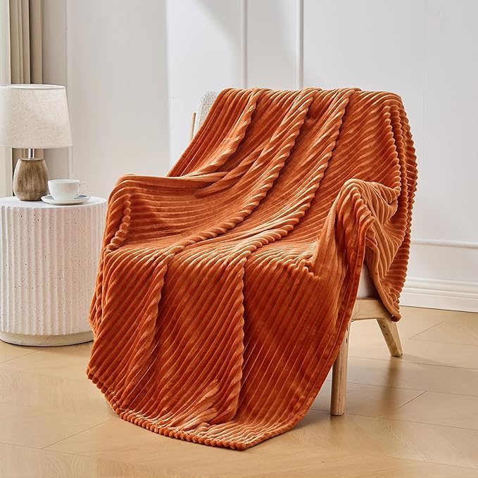 Bnuitland Burnt Orange Fleece Throw Blanket for Couch, 300GSM Soft Warm Cozy Fluffy Throw for Adults & Kids, Stripe Pattern 50"x60", All Season Sofa Bed Blanket for Home Decor