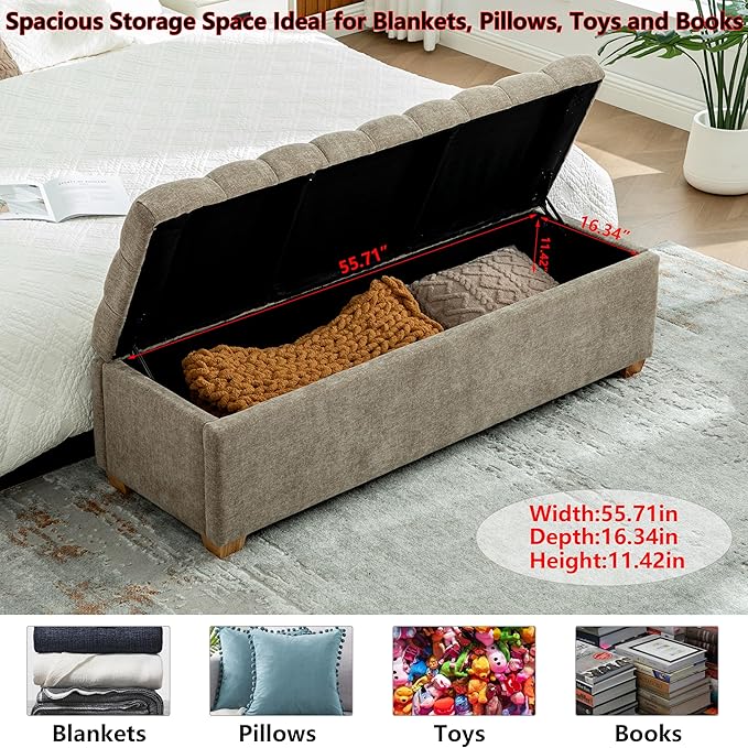 60.2" Storage Ottoman Bench for Bedroom Bed End,Chenille Bench with Seating,Button Tufted Ottomans with Storage for Living Room,Bedside,Entryway (Chenille Taupe, 60.2")