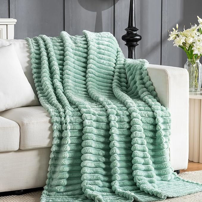 Wider Striped 380gsm Thick Large King Blanket for Couch Super Soft Cozy Blankets for Women Big Fuzzy Fleece Green Blanket for Bed Sofa 90x104