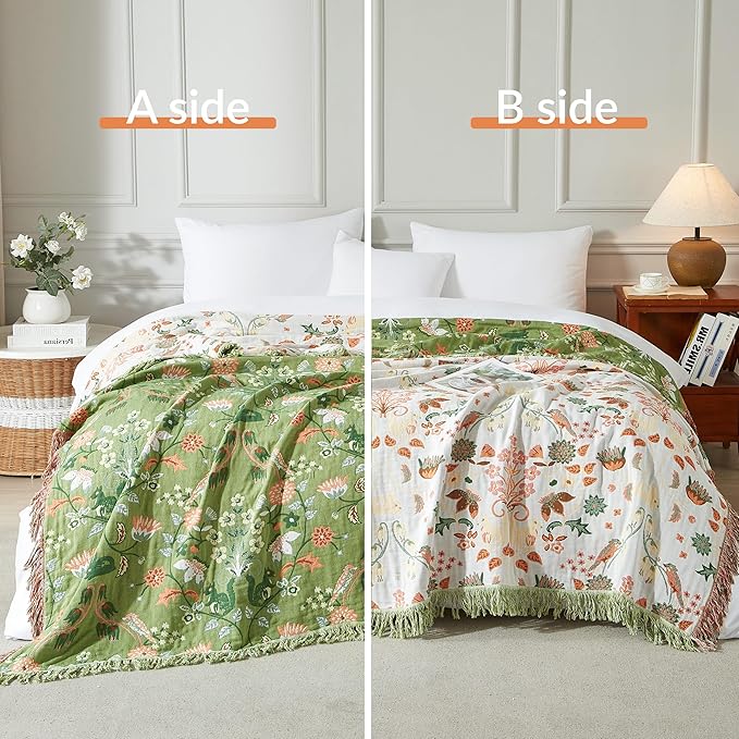 Boho Throw Blanket for Bed 90”x98”, 100% Cotton Woven Blanket for Couch Sofa, Ultra Soft 4-Layer Muslin Quilt with Floral Printed, Farmhouse Bed Blanket/Cover for Living Room Decor