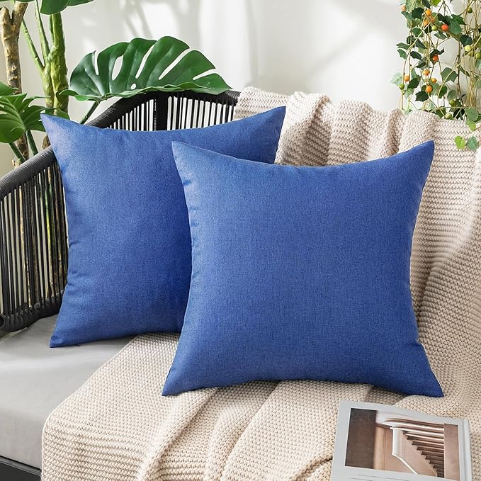 MIULEE Pack of 2 Decorative Outdoor Solid Waterproof Throw Pillow Covers Faux Linen Garden Farmhouse Coastal Cushion Cases for Summer Patio Tent Balcony Couch Sofa 16x16 Inch Royal Blue