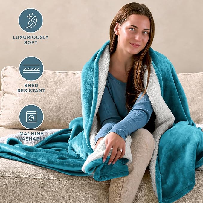 Bare Home Sherpa Fleece Blanket - Full/Queen Size - Blanket for Bed, Sofa, and Couch - Warm & Lightweight - Fluffy & Soft - Reversible (Full/Queen, Caribbean Sea)