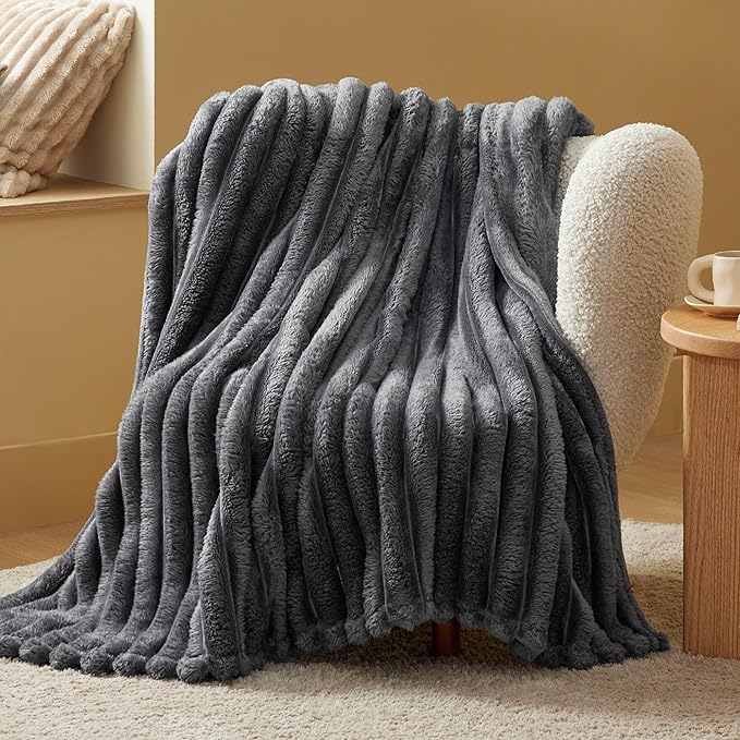 Bedsure Twin Blanket for Couch - 350GSM Super GentleSoft Fuzzy Fluffy Cozy Blankets for Women, Cute Small Plush Fleece Throws for Girls, Grey，60x80 Inches, Wider Striped Design