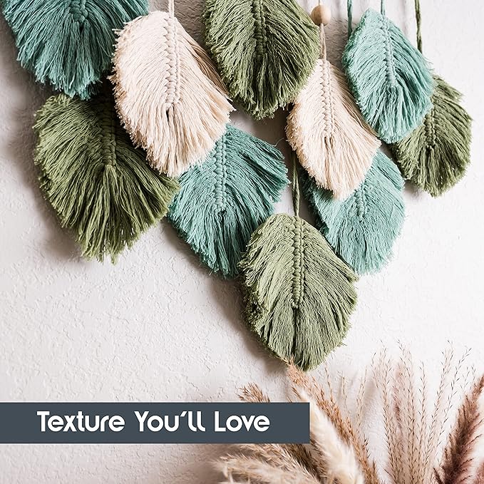 SnugLife Macrame Wall Hanging Leaves - Large Chic Feather Boho Decor, Handmade Yarn Woven Art Leaf Tapestry for Nursery, Bedroom, Living Room, 17 X 22 Inch (Green, Sage Green & Beige)