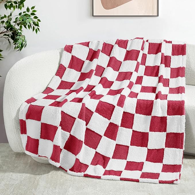 Exclusivo Mezcla Checkered Throw Blanket, Super Soft and Warm Fluffy Fleece Blanket for Couch, Sofa, Bed, Cute Plaid Pattern, Red, 50" x 60"
