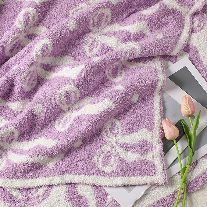Buryeah Purple Bow Blanket Soft Microfiber Double Sided Bow Throw Blanket 50"x 60" Coquette Aesthetic Plush Bedding Stuff Sofa Chair Dormitory Room Decor for Women, Wedding Bridesmaid Gifts, Mother