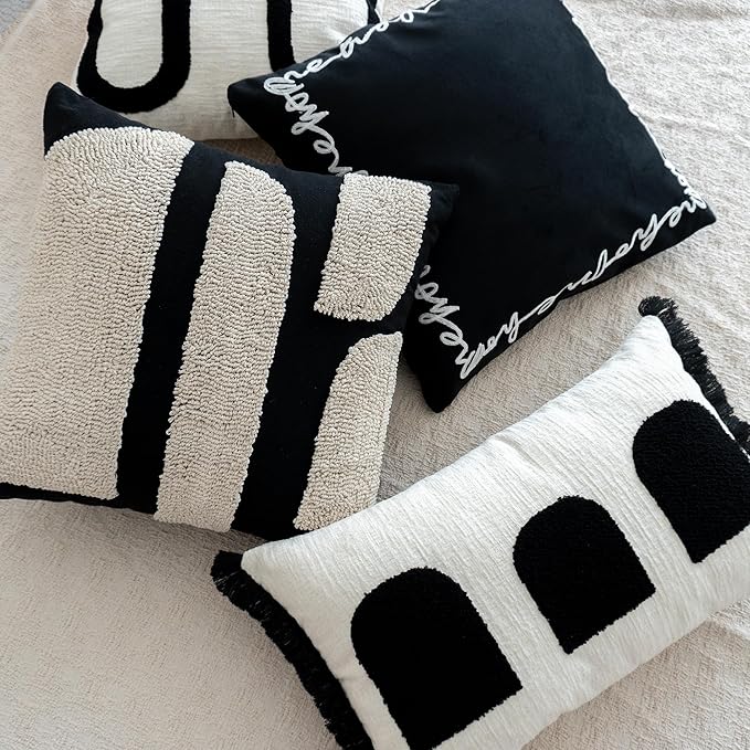 Black Cream Boho Chunky Tufted Pillow Cover, Neutral Decorative Square Throw Pillow Case, Geometric Woven Modern Sham for Bed Couch Living Room, 18x18 inches, 1PCS