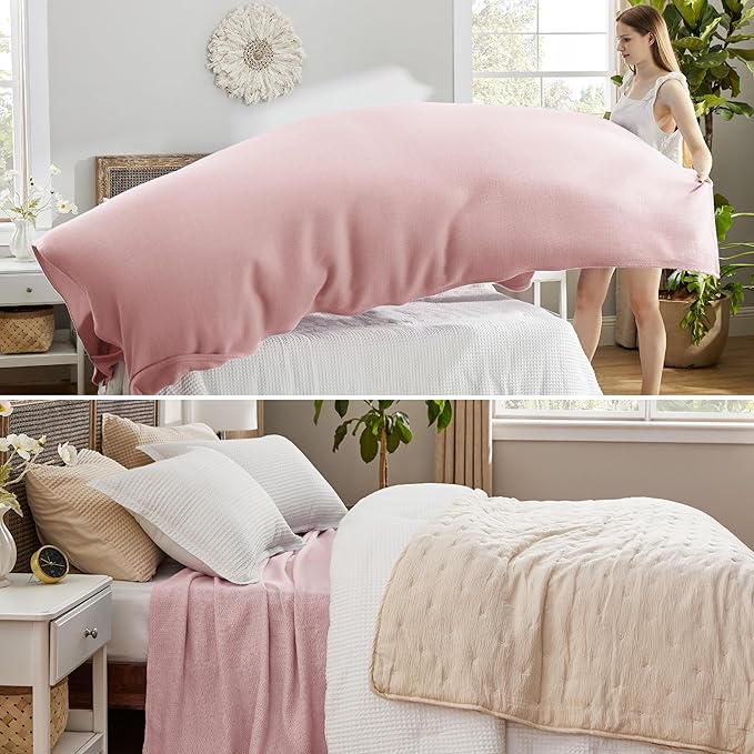 Bedsure GentleSoft 100% Cotton Blanket Queen Size for Bed - Breathable and Lightweight, Soft Cozy Textured Herringbone Woven Blanket for Summer Spring, Pink, 90x90 inches