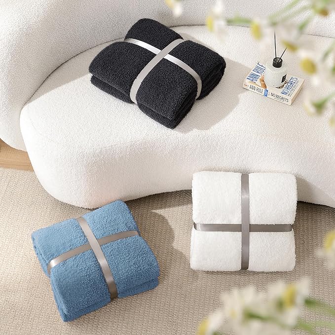 JOOJA Cozy Blue Knit Throw Blanket - Boucle Decorative Soft Fuzzy Throw Bed Blanket for Women Couch 50x60 Inches Dusty Blue