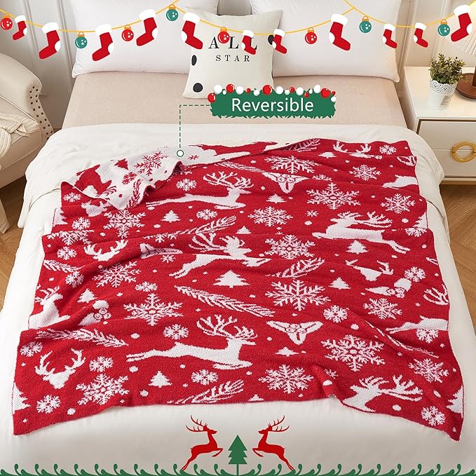 SeaRoomy Christmas Blanket, Ultra Soft Cozy Fuzzy Warm Reversible Knit Throw Blanket for Couch, Microfiber Lightweight Knitted Blanket Holiday Theme Home Christmas Decor (Reindeer, 51"×63")
