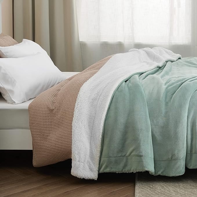 Bedsure GentleSoft Sherpa Fleece Blankets King Size for Bed, Non-Heated, Thick and Warm Throw for Women and Men, Soft Fuzzy Plush King Blanket for Spring, Sage Green, 108x90 Inches