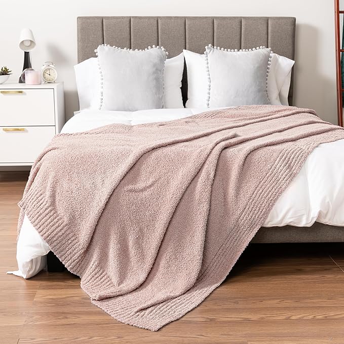 PAVILIA Super Soft Throw Blanket for Couch, Fluffy Cozy Lightweight Taupe Blanket, Fuzzy Warm Knit Blanket for Bed Sofa, Tan, 50x60