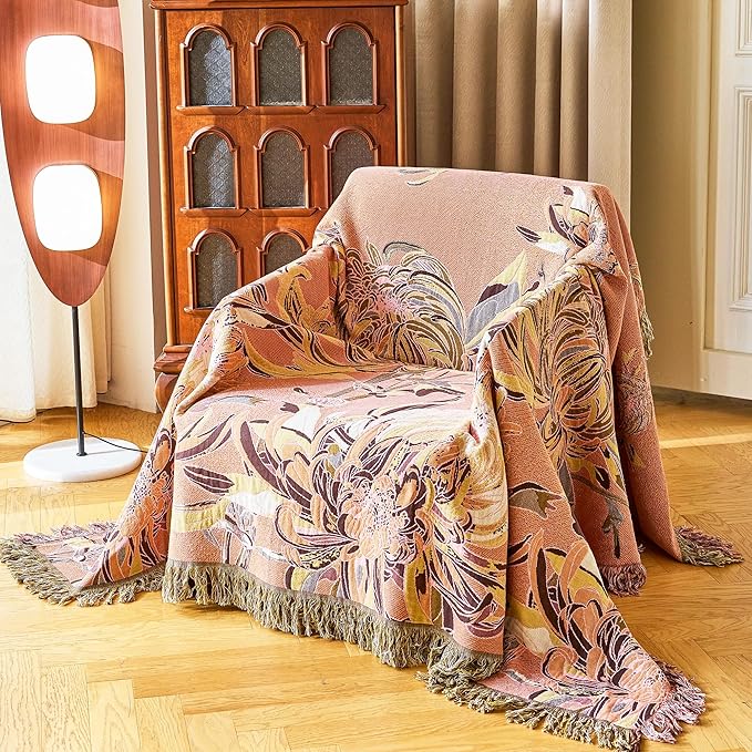 King Boho Throw Blanket 91" x 98", 100% Organic Cotton Breathable Skin-Friendly Ultra Soft Bed Quilt Throw - Floral Rustic Decor Luxury Reversible Blanket for Sofa Couch Chair and Gift