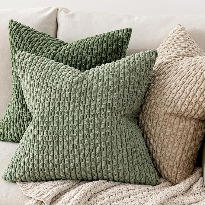 MIULEE Pack of 2 Decorative Throw Pillow Covers 16x16 Inch Soft Boho Striped Textured Corduroy Pillow Covers Spring Modern Farmhouse Home Decor for Couch Bed Sofa Living Room Sage Green