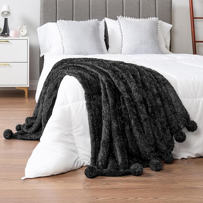 Pavilia Sherpa Throw Blanket - Warm Plush Fuzzy Pom Pom Blanket for Couch, Bed, Twin Size, Black - 60x80